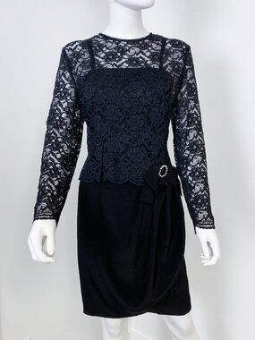Vintage 1980s Black Bustier Evening Dress with Semi Sheer Lace Blouse Size 8